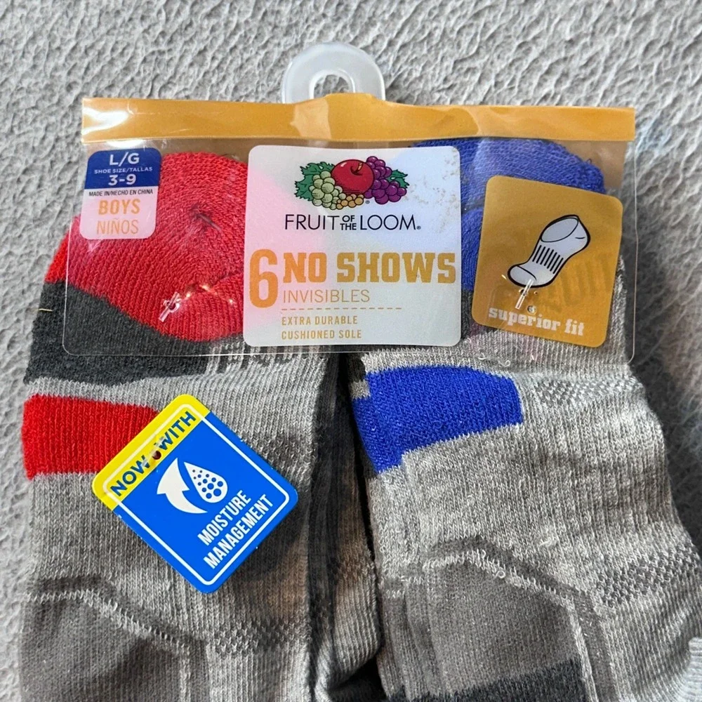 Fruit of the Loom Socks Boys L Grey 6PK No Show Invisible Moisture Management